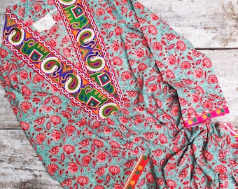 Embroidered Cotton Kaftan Maxi Dress, Long Tunic with Belt