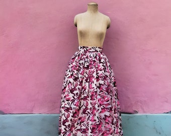 Cotton Maxi Skirt with Pockets, Pink Hopping Bunnies Print