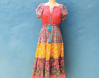 Colorful Bohemian Maxi Dress, Floral Cotton Prairie Style