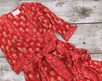 Floral Red Cotton Wrap Dress, Indian Tunic Dress