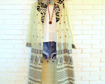 Boho Kimono Duster: Upcycled Cotton Sari, Embroidered Yoke