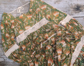 70s Floral Cotton Maxi Dress, Crochet Lace Trim, Bohemian Wedding