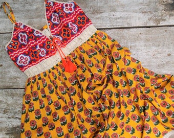 Printed Cotton Maxi Dress, Folk Embroidery Yoke, Crochet Lace, Bohemian Gown