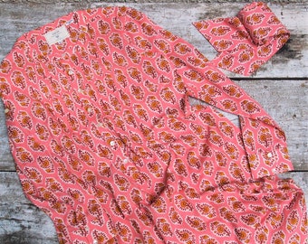 Pink Cotton Midi Tunic Dress, Button Down Shirt Dress, Boho Style