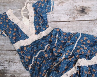 Floral Cotton Boho Maxi Dress, Crochet Lace, Custom Made