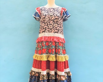 Patchwork Boho Maxi Dress, Ruffle Tiered Cotton Print, Crochet Lace