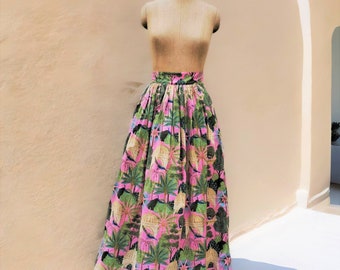 Pink Peacock Print Cotton Maxi Skirt with Pockets