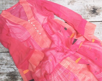Handloom Cotton Sari Dress, Loose Fit Tiered Midi with Sleeves