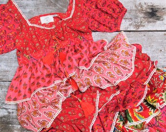Ruffled Bohemian Maxi Dress, Floral Cotton Tiered Gown