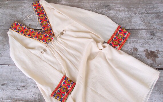 indian cotton tunic dress Embroidered Indian Cotton Boho Tunic Dress, Cowrie Shells