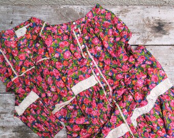 70s Floral Crochet Lace Skirt Set, Custom Made Cotton Bohemian Clothing