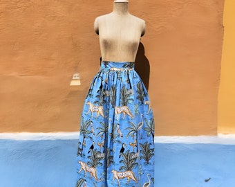 maxi skirt | skirt with pockets | bohemian floor length skirt with gathers | animal print long skirt | gathered maxi skirt | boho skirt