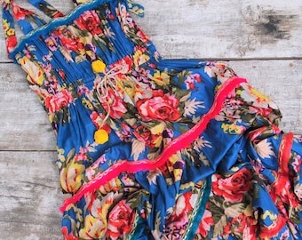 Floral Print Cotton Maxi Dress, Boho Fringe Trim, Tie Straps