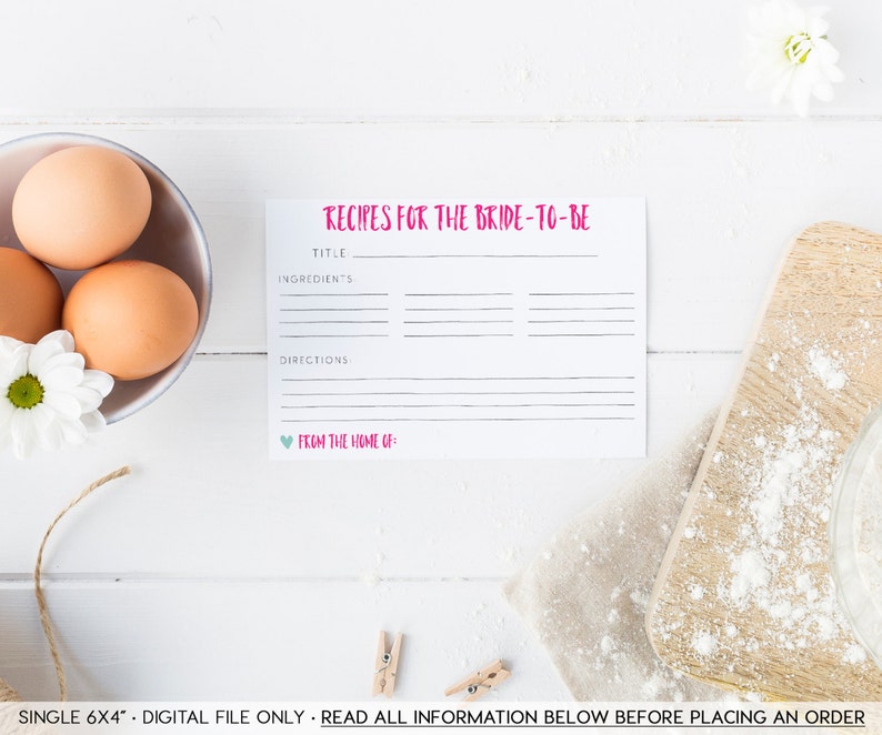 Bridal Shower Recipe Card Mint Instant Download Hot Pink Recipe Card Printable
