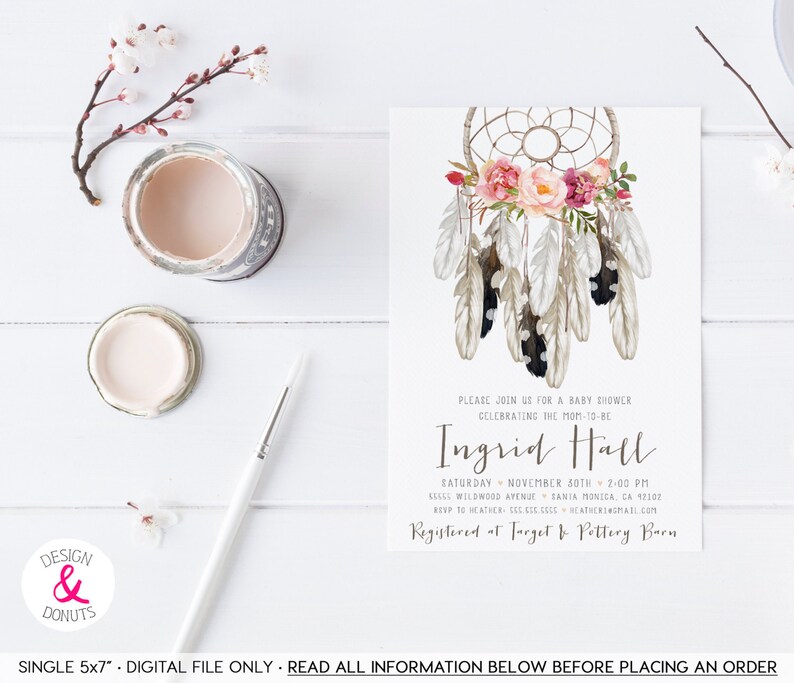 Boho Dream Catcher Baby Shower Invitation Girl Printable Etsy