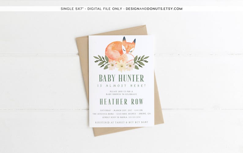 Woodland Fox Baby Shower Invitation Boy Watercolor Animal Printable 541