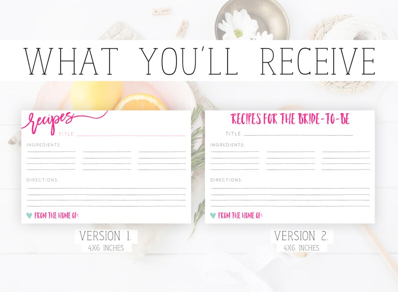 Bridal Shower Recipe Card Mint Instant Download Hot Pink Recipe Card Printable