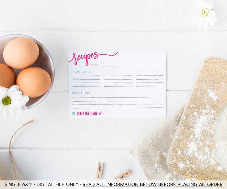 Bridal Shower Recipe Card Mint Instant Download Hot Pink Recipe Card Printable