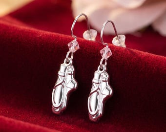 Toe Shoe Earrings, Sterling Silver Pointe Shoe with Swarovski Crystal, Ballet Jewelry