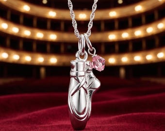 Ballet Pointe Shoe Necklace, Sterling Silver Dance Charm, Link Lock, Swarovski Crystal (16" or 18")
