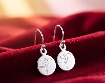 Dance Earrings, Sterling Silver Engraved Dancer Disc, Recital Keepsake