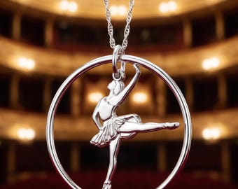 Sterling Silver Ballerina Charm Necklace with Hoop, Dance Recital Jewelry, Link Lock (16" or 18")