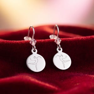 Dance Jewelry Earrings, Sterling Silver Laser Engraved Dancer, Recital Gift, French Ear Wire, Swarovski Crystals