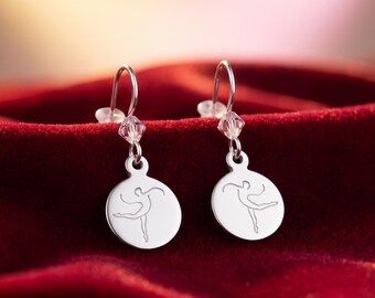 Dance Jewelry Earrings, Sterling Silver Laser Engraved Dancer, Recital Gift, French Ear Wire, Swarovski Crystals