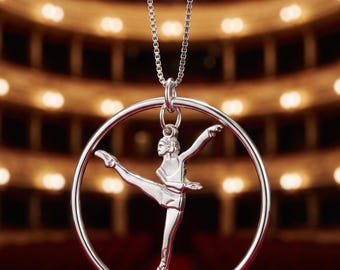 Dance Jewelry, Sterling Silver Recital Necklace with Contemporary Dancer with Hoop (16" or 18")