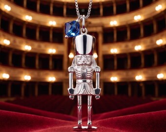 Nutcracker Necklace, Sterling Silver Ballet Dance Charm,  .925 Chain,  Link Lock, Swarovski Crystal (16" or 18")