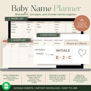 Op de afbeelding: Een digitale babynaamplanner Google Sheets-sjabloon weergegeven op een laptopscherm. De interface bevat secties voor een namenlijst, een shortlist en een voorbeeldtool met kolommen voor namen, categorieën, bijnamen en beoordelingen van ouders.