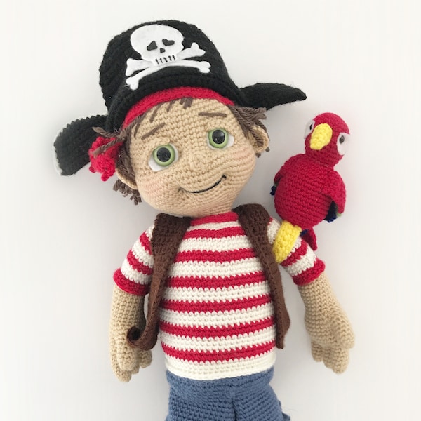 CROCHET PATTERN: Fidget the Pirate / Amigurumi / Pirate Doll / Parrot / Baby Rattle / Stuffed Toy