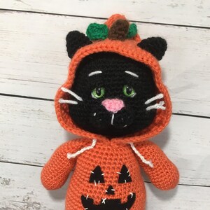 May include: A black crocheted cat wearing an orange crocheted pumpkin costume. The costume has a stitched-on jack-o'-lantern face and a green crocheted stem on top.