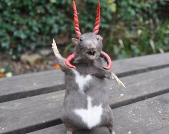 BaphoRat Magik Pose | Taxidermy | Brown and White Rat with Four Red Devil Horns | Freestanding (base customisable upon request)