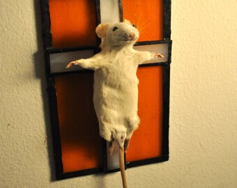 Crucifix Mouse | Taxidermy | Stained Glass | Orange and White Marble Glass Cross | Hook for Wall or Window Hanging