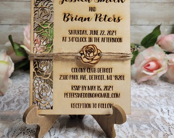 Wooden Wedding Invitation Rose