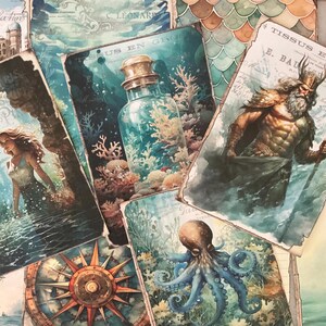 12 x papiers créatures marines - journal indésirable - kit d'artisanat en papier - sirène fantastique scrapbooking - fabrication de cartes - collage.