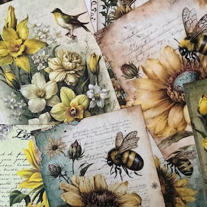 12 x Bees & Sunflower Papers -Junk Journal -Botanical Apiarist -Scrapbooking -Card Making- Collage- Paper Crafts - Mixed Media.
