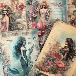 8 x papiers éphémères sirène verte - journal indésirable - scrapbooking - fabrication de cartes - collage - kit d'artisanat en papier