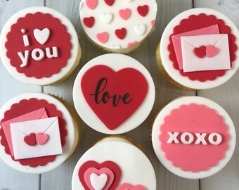 Valentine's Day Cupcake Toppers - Edible Fondant - Set of 12