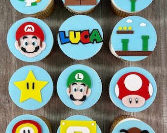 Super Bros Cupcake Toppers, Edible Cupcake Toppers, Fondant, Mario Cupcake Toppers, Mario Birthday, Custom Cupcake Toppers, Mario Party