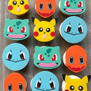 Pokemon cupcake toppers, edible fondant, includes Pikachu, Squirtle, Charmander, and Bulbasaur perfect for decorating cupcakes, cookies, cakes, cake pops, cakesicles, etc for a Pokemon themed birthday party.