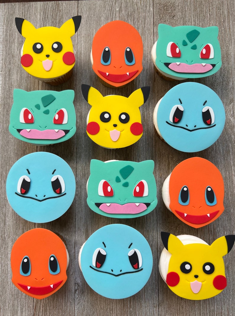 Pokemon cupcake toppers, edible fondant, includes Pikachu, Squirtle, Charmander, and Bulbasaur perfect for decorating cupcakes, cookies, cakes, cake pops, cakesicles, etc for a Pokemon themed birthday party.