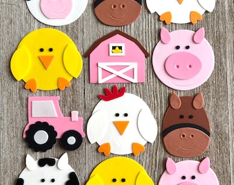 Farm Animal Cupcake Toppers, Fondant Farm Animals, Pink Farm Animal Cupcake Toppers, Farm Animal Fondant, Cow, Pig, Chicken, First Rodeo