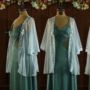 Eisblau schaumig Nylon Chiffon creme Satin Schleifen Nachthemd Dessous Babydoll Peignoir Robe 50&#39;s // 34 S Small 36 M Medium