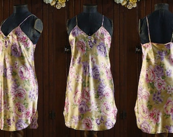 shiny satin babydoll gold large floral print lingerie mini chemise Mini slip dress // Dentelle // M Medium 36