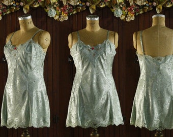 Ice blue green shiny satin brocade lace trim lingerie slip dress MICRO MINI chemise 90's // Victoria's Secret Gold Label // M