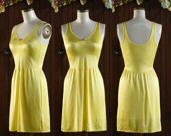 Lemon yellow leotard stretch top Mini slip dress 80's // Warner's Perfect Measure // 34