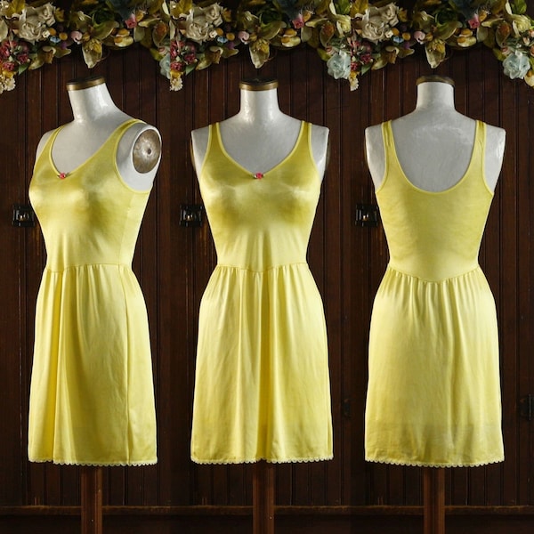 Lemon yellow leotard stretch top Mini slip dress 80's // Warner's Perfect Measure // 34