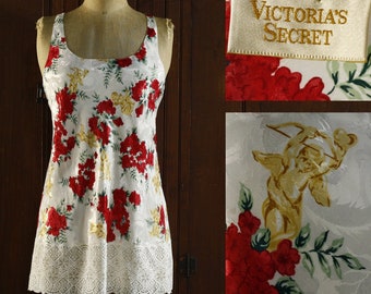 Cupido dorado chemise blanco mini vestido camisón lencería tirantes cruzados jersey 1990 // Victoria's Secret Gold Label // 36 M Medio